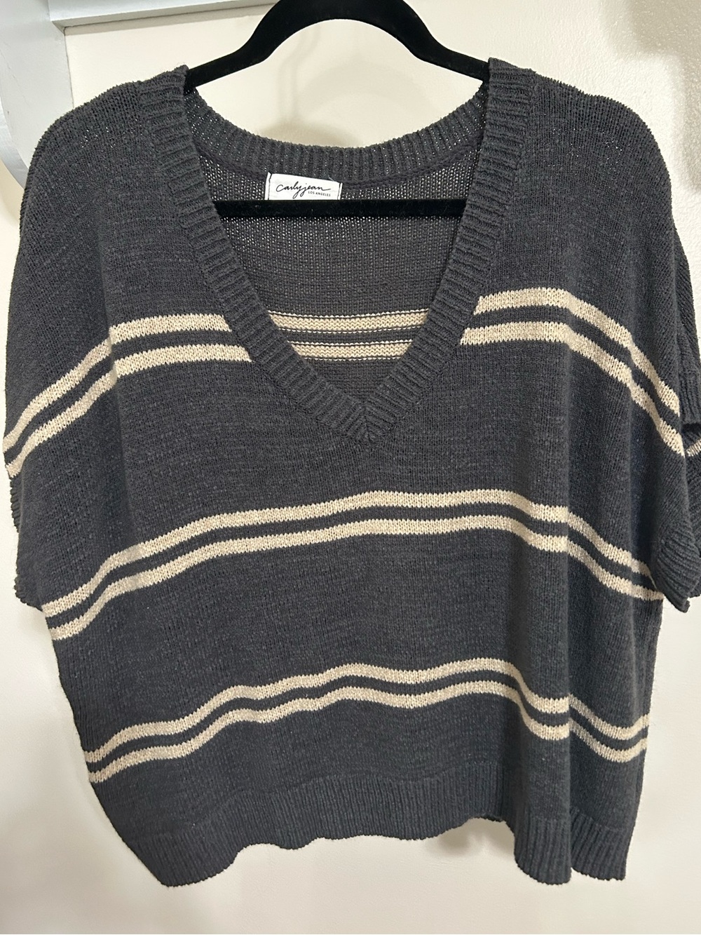 Cozy V-Neck Striped Sweater - Charcoal & Cream